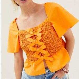 Anthropologie Mare Mare Orange Cropped Smocked Bow Tie Blouse Tank XS